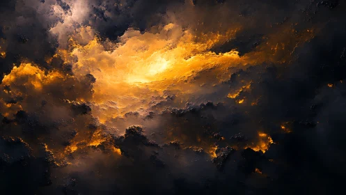 Fiery cloudscape with glowing central light core.