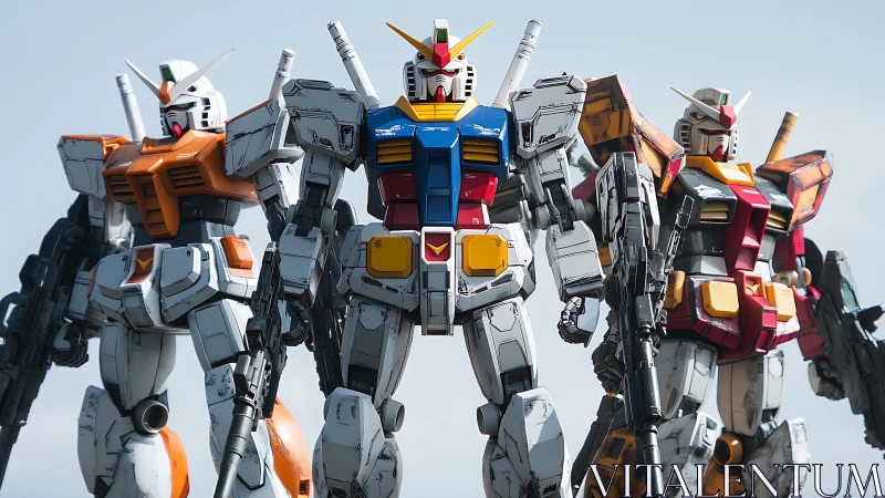 Towering Gundam-style mechs stand proudly in bright daylight