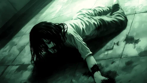 Shadowed corridor mystery with a fallen figure in green light.