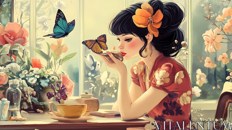 Tea-time daydream with butterflies in floral sunroom painting.