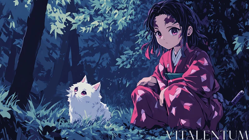 Anime girl in red kimono studies white cat in moonlit forest