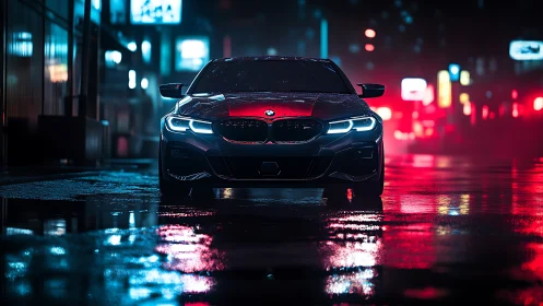 Midnight BMW sedan under neon rainlit cyberpunk streetscape.