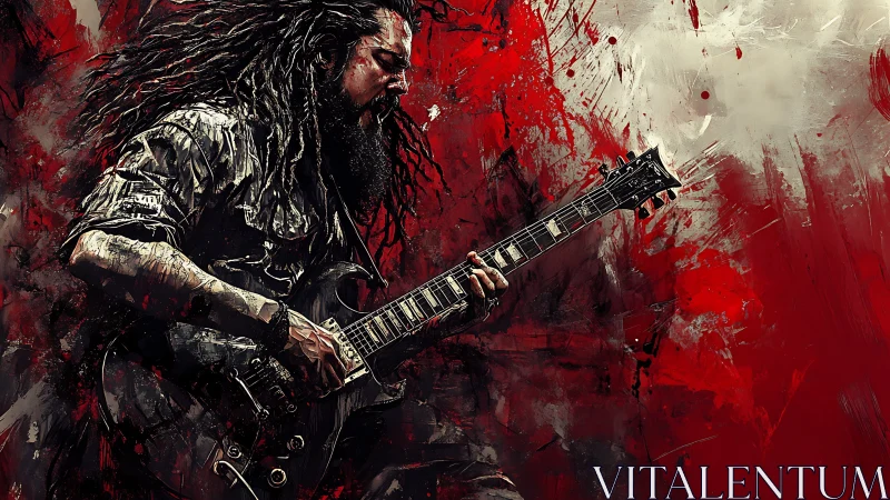 Passionate rock guitarist lost in a storm of red energy.