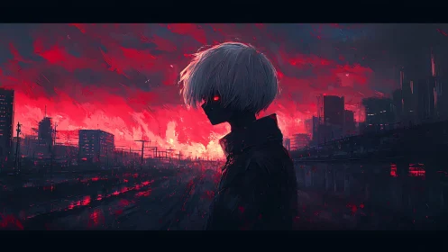 Silver haired silhouette in neon red dystopian cityscape at dusk