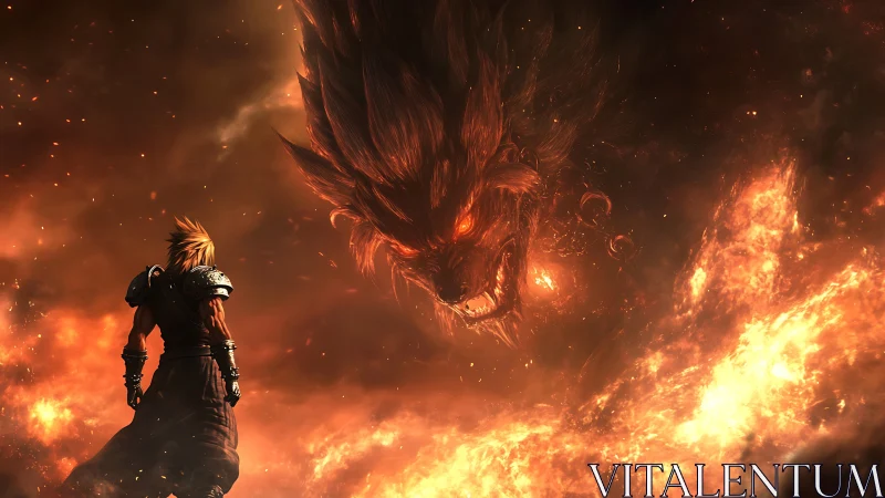 Warrior faces colossal fire demon amid burning inferno.