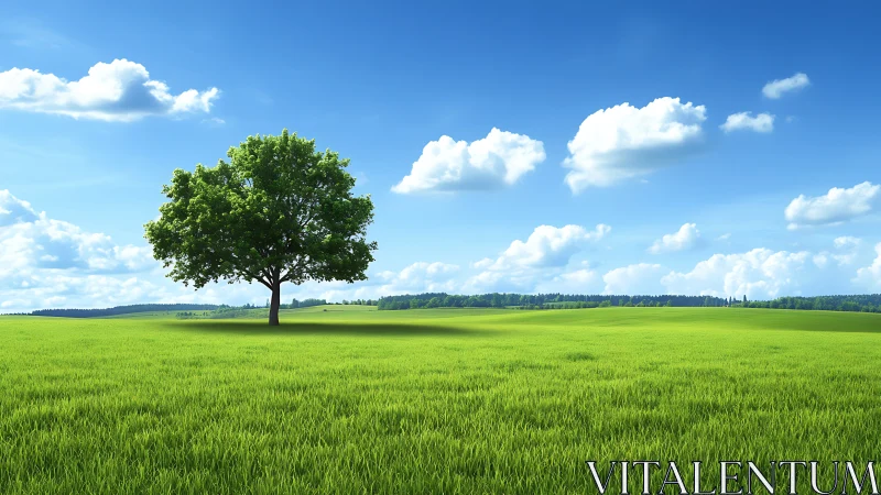 Single green tree in wide open grassy field under sky.