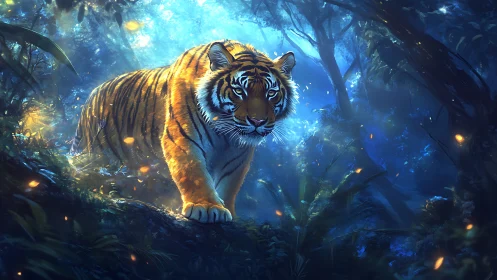 Tiger stalks through bioluminescent blue jungle nightscape.