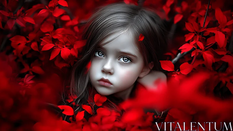 Child with pale complexion surrounded by red foliage.