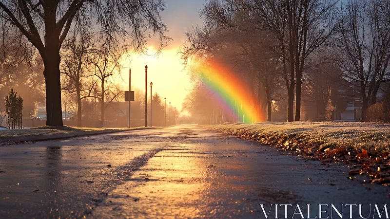 Rainbow crossing frosty suburban street at sunrise.