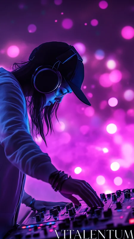 Nightclub DJ mixing tracks under neon pink bokeh lights.