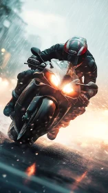 Motorcyclist leans into wet curve under heavy rain