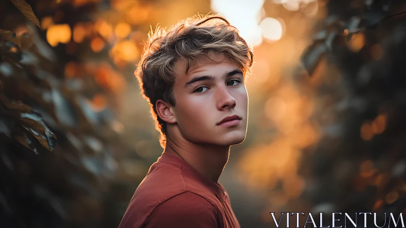 Backlit youth portrait in warm sunset forest glow.