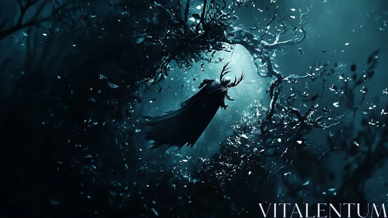 Antlered wraith ascending through swirling twilight grove.