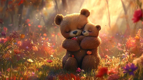 Tender bear hug under golden forest sunset glow.