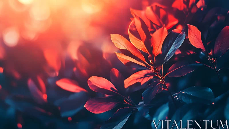 Red and blue leaves under warm glowing backlight sunset