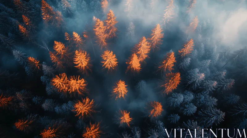 Orange conifer trees form radial pattern within misty forest
