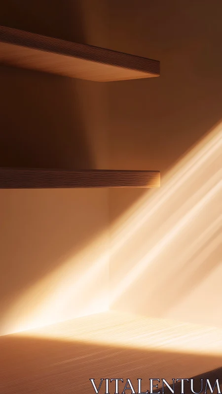 Golden sunlight pours across quiet wooden shelves at dawn