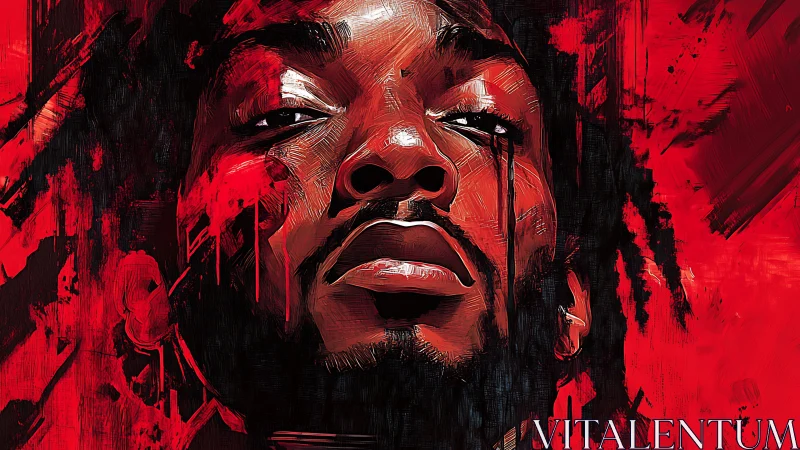 Crimson gaze uprising in a storm of brushstroked rebellion.