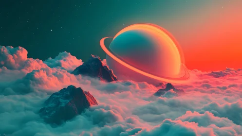Dreamy ringed planet rising over cotton candy clouds.