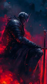 Armored dark knight in ember-lit smoke with reflective plate armor