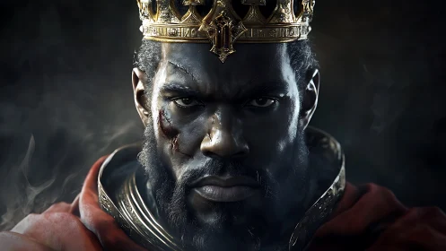 Battle-scarred king stares forward with intense focus