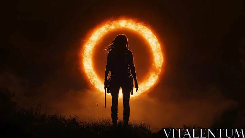 Silhouetted wanderer confronting blazing celestial ring.