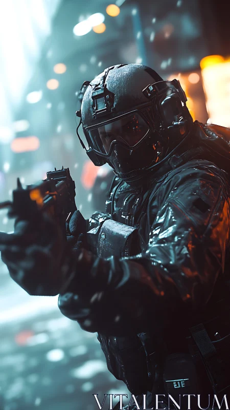 Helmeted tactical figure holds firearm in wet urban street