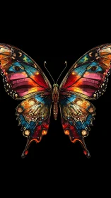 Digital painting of iridescent butterfly with symmetrical neon wings.