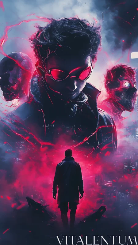 Neon void wanderer beneath fractured cybernetic spirits.