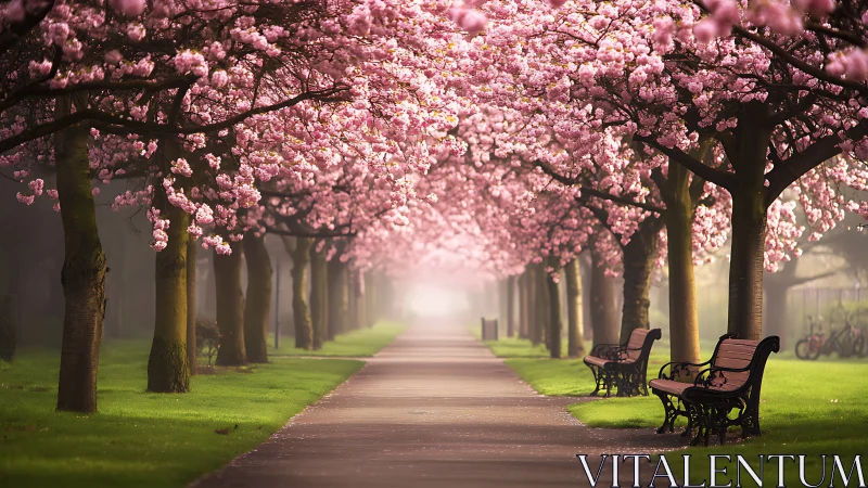 Blossom tunnel promenade where spring hushes the city.