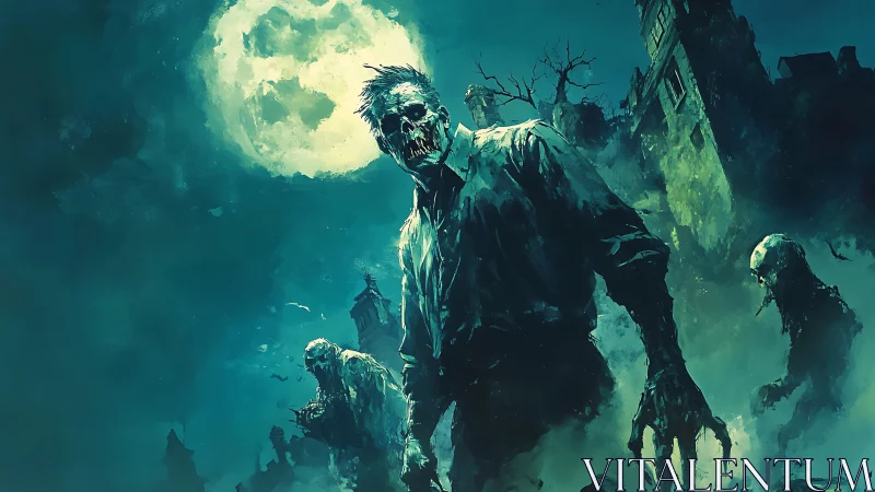 Moonlit zombie horde stalking ruined gothic graveyard.