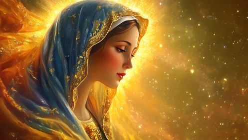 Serene veiled woman in golden radiant cosmic light.
