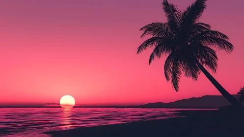 Palm tree silhouette against pink coastal sunset horizon.