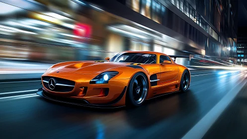Orange Mercedes supercar rendered with dynamic motion blur lighting