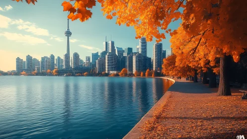 Golden lakeside path embracing a cozy modern skyline view.