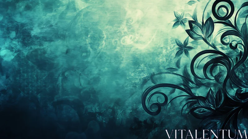 Curving teal florals on textured abstract gradient field.