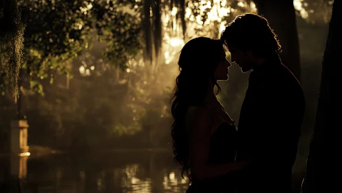 Silhouetted Couple in Golden Forest Light