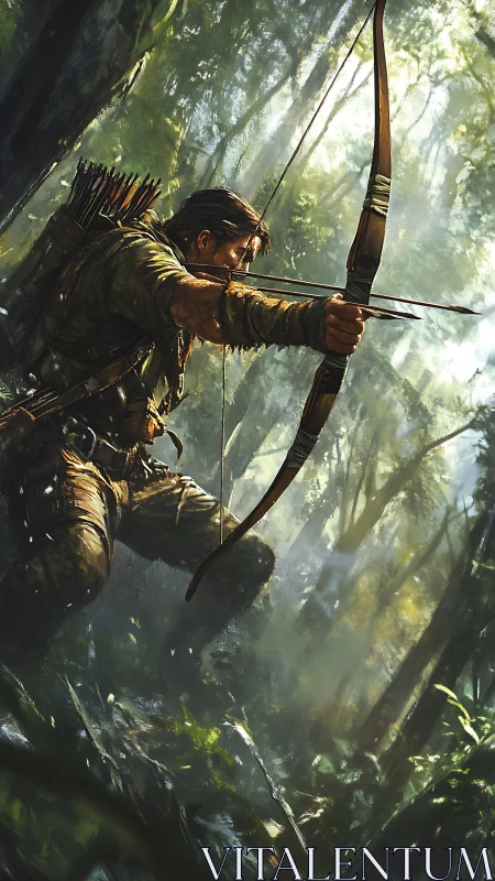 Archer draws a longbow in a rain-soaked, backlit jungle clearing