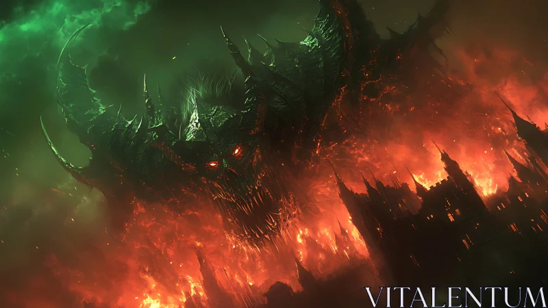 Fiery demon colossus looming over a dark burning citadel.