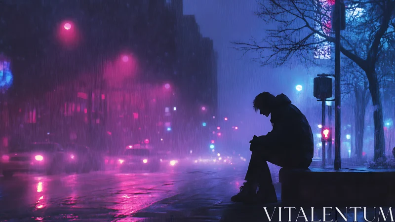 Solitary figure on rainy neon city street at night scene.