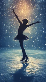Silhouetted ice skater celebrates beneath glowing stardust sky.