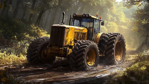 Large yellow tractor moves through muddy forest track