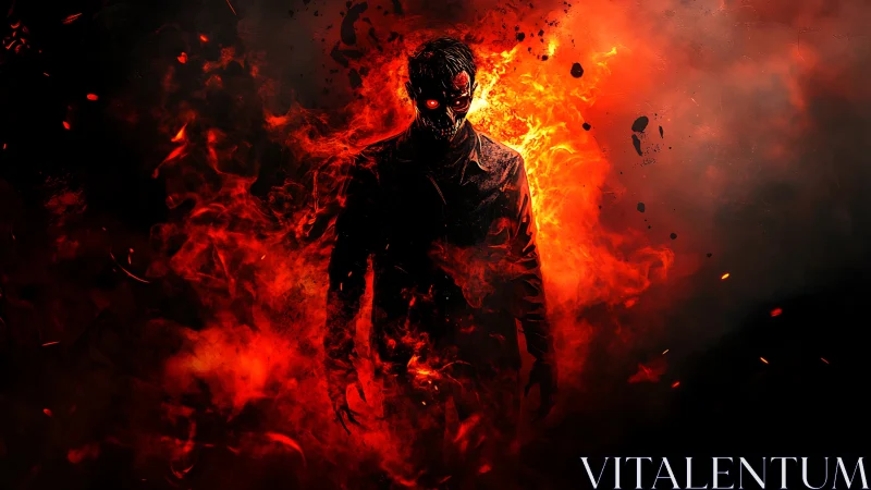 Fiery dark figure walks forward through swirling red flames