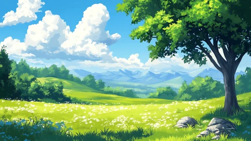 Sunlit meadow opens to distant blue mountains under clouds