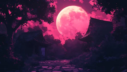 Oversized magenta moon illuminates silhouetted shrine roofs and path