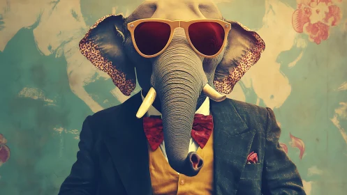 Stylized anthropomorphic elephant figure wears formal attire