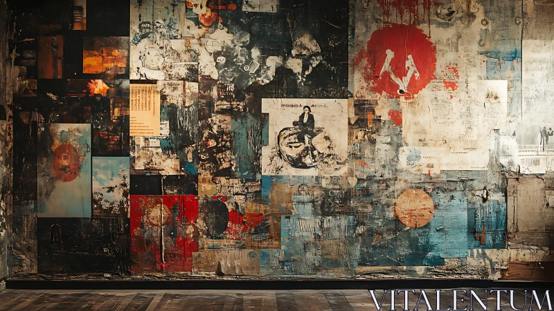 Textured urban collage wall layers rich industrial color.