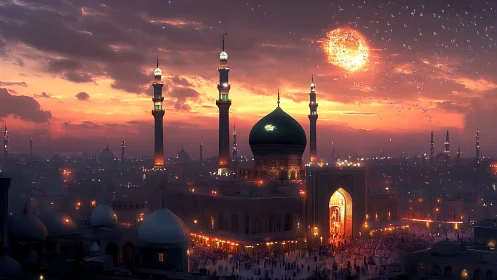 Golden evening over a glowing mosque and bustling city