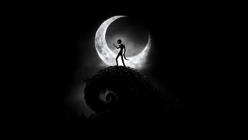 Moonlit skeleton on a twisted hilltop in quiet silhouette.