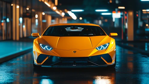 Yellow sports coupé on wet urban street at night.